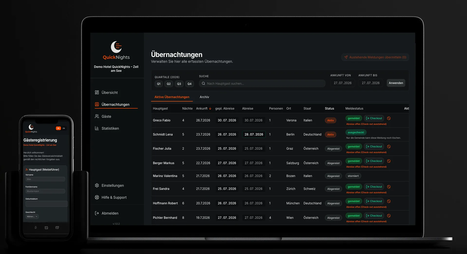 QuickNights — Übernachtungen-Dashboard auf Laptop und Gästeregistrierung am Smartphone